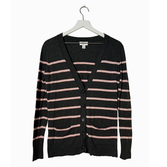 Ann Taylor Loft Cardigan Striped Button-Front Gray Pink Stripes Size Medium - Picture 2 of 9